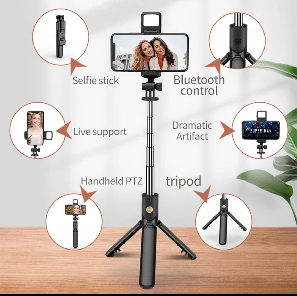 Wireless Selfie Stick Tripod Stand with Light Bluetooth Remote Extendable Tripod for iPhone Mobile Phone Tiktok Live Streaming