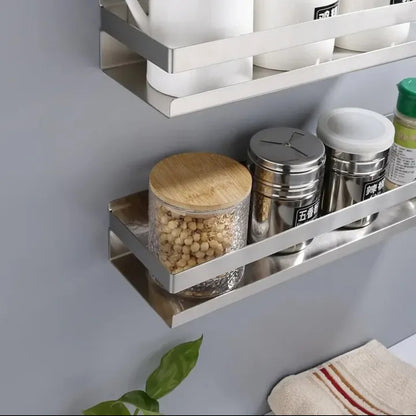 Wall-Mounted Stainless Steel Kitchen Bathroom Spice Rack No-Drilling Multi-Layer Storage Seasoning Shelf Modern Simple Style